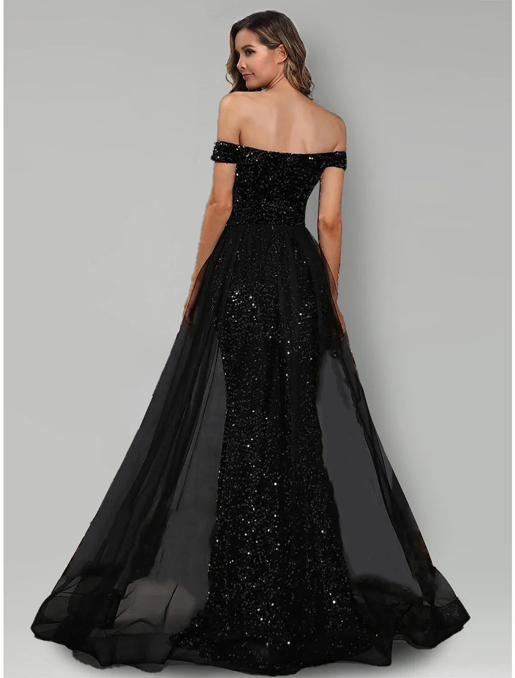 Black Mermaid Off-Shoulder Tulle Sleeveless Train Evening Gown - Chloe Dress