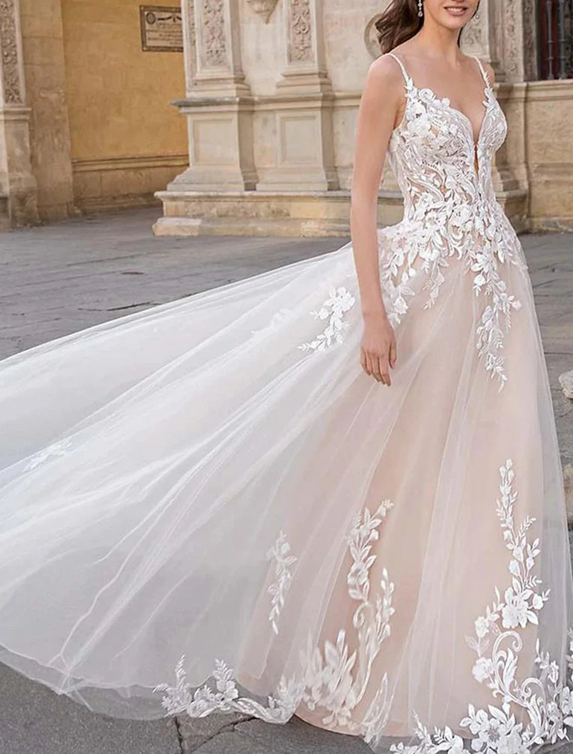 White A-Line V-Neck Lace Sleeveless Train Wedding Gown - Chloe Dress