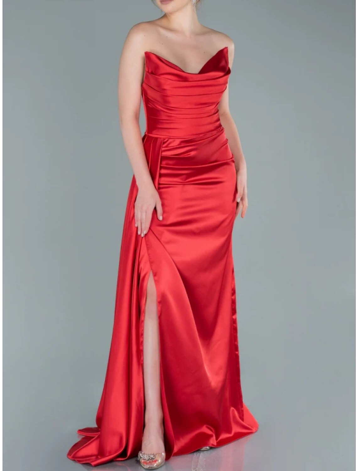 A-Line Strapless Satin Sleeveless High Slit Evening Gown - Chloe Dress