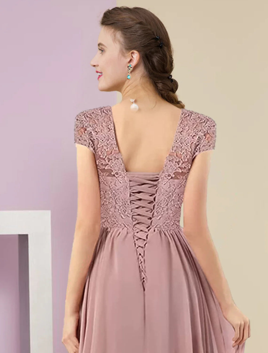 A-Line V-Neck Chiffon Three-Quarter Sleeve Pleated Wedding Dress - Chloe Dress