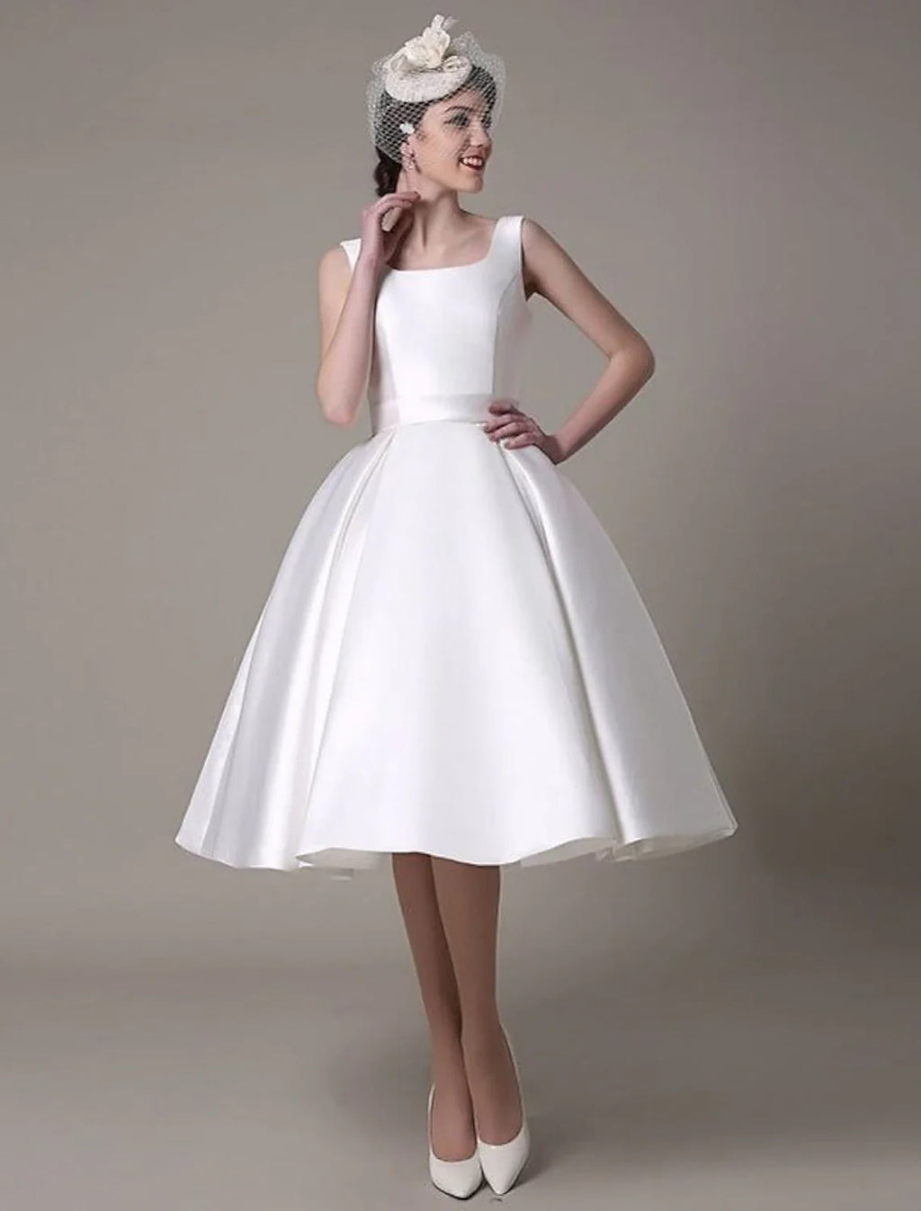 A-Line Square Neck Satin Sleeveless Pleated Knee-Length Wedding Dress - Chloe Dress