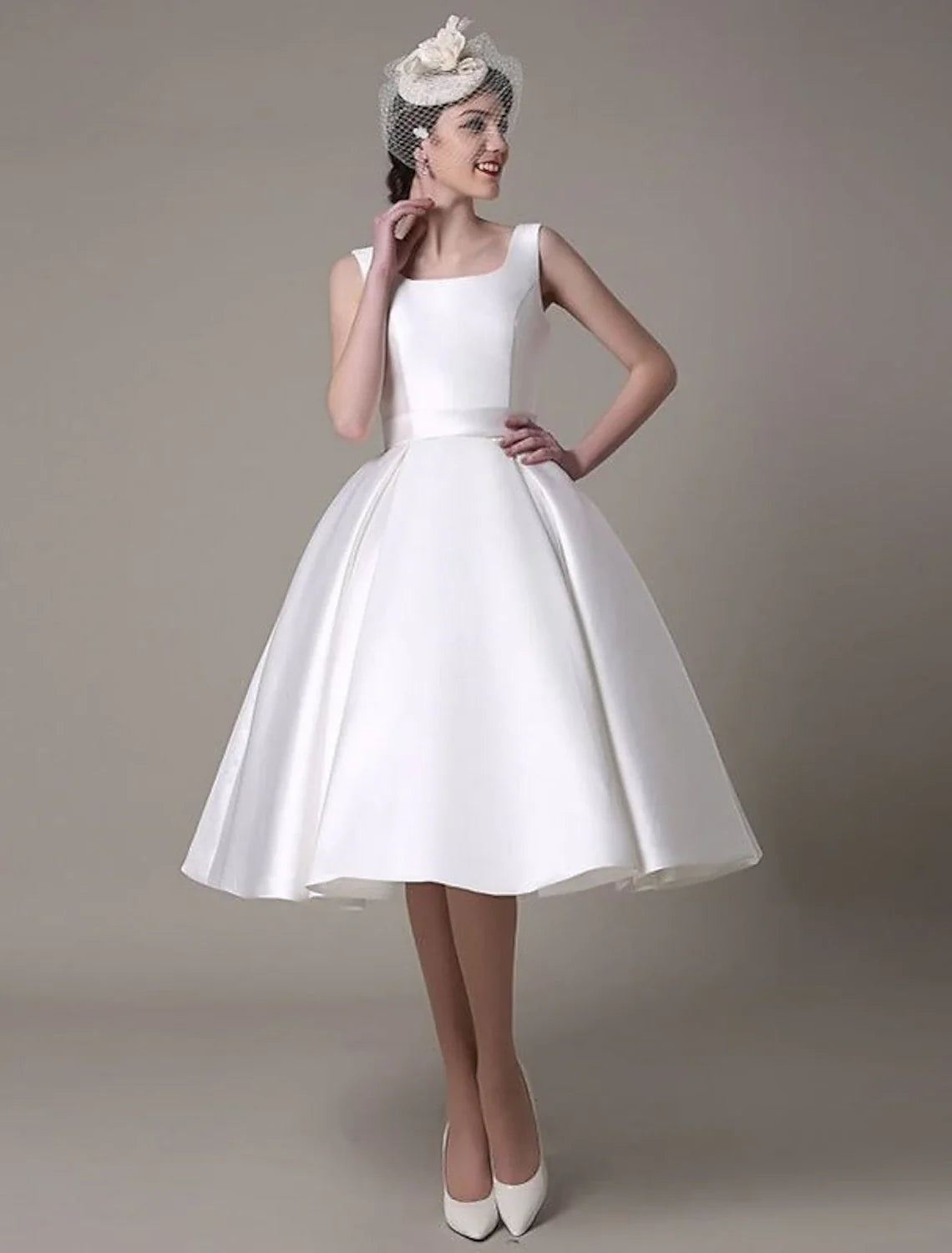 A-Line Square Neck Satin Sleeveless Pleated Knee-Length Wedding Dress - Chloe Dress