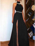 Black A-Line High Neck Sleeveless High Slit Evening Gown - Chloe Dress