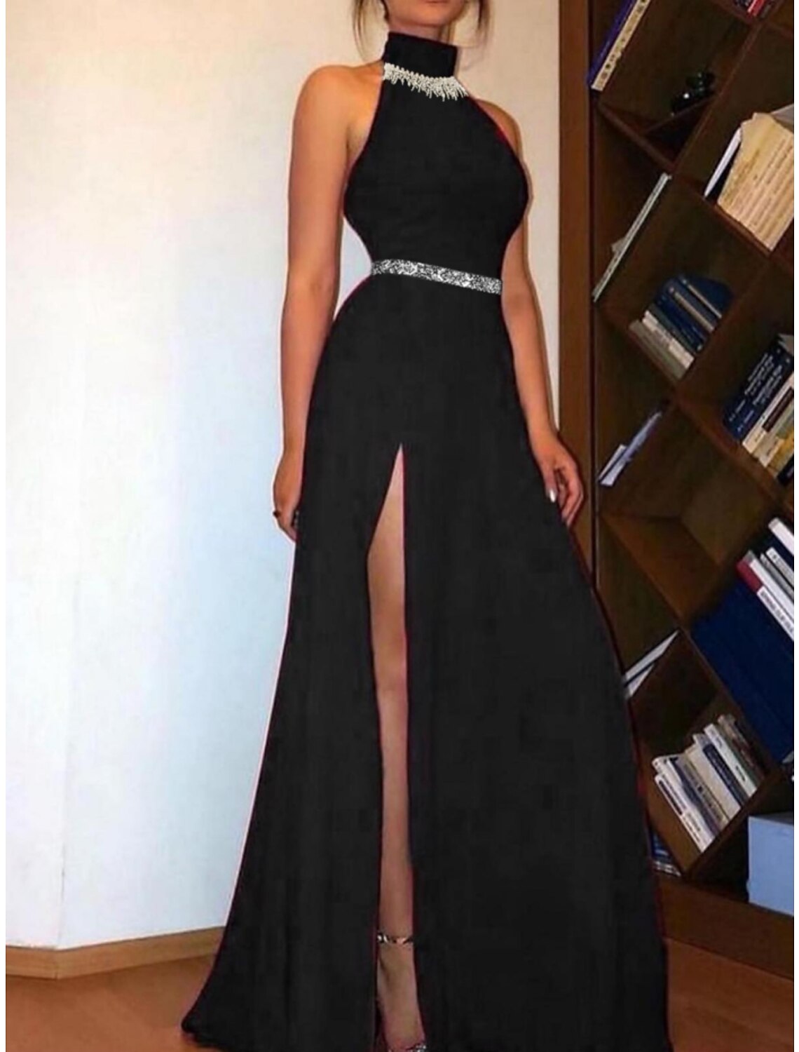 Black A-Line High Neck Sleeveless High Slit Evening Gown - Chloe Dress