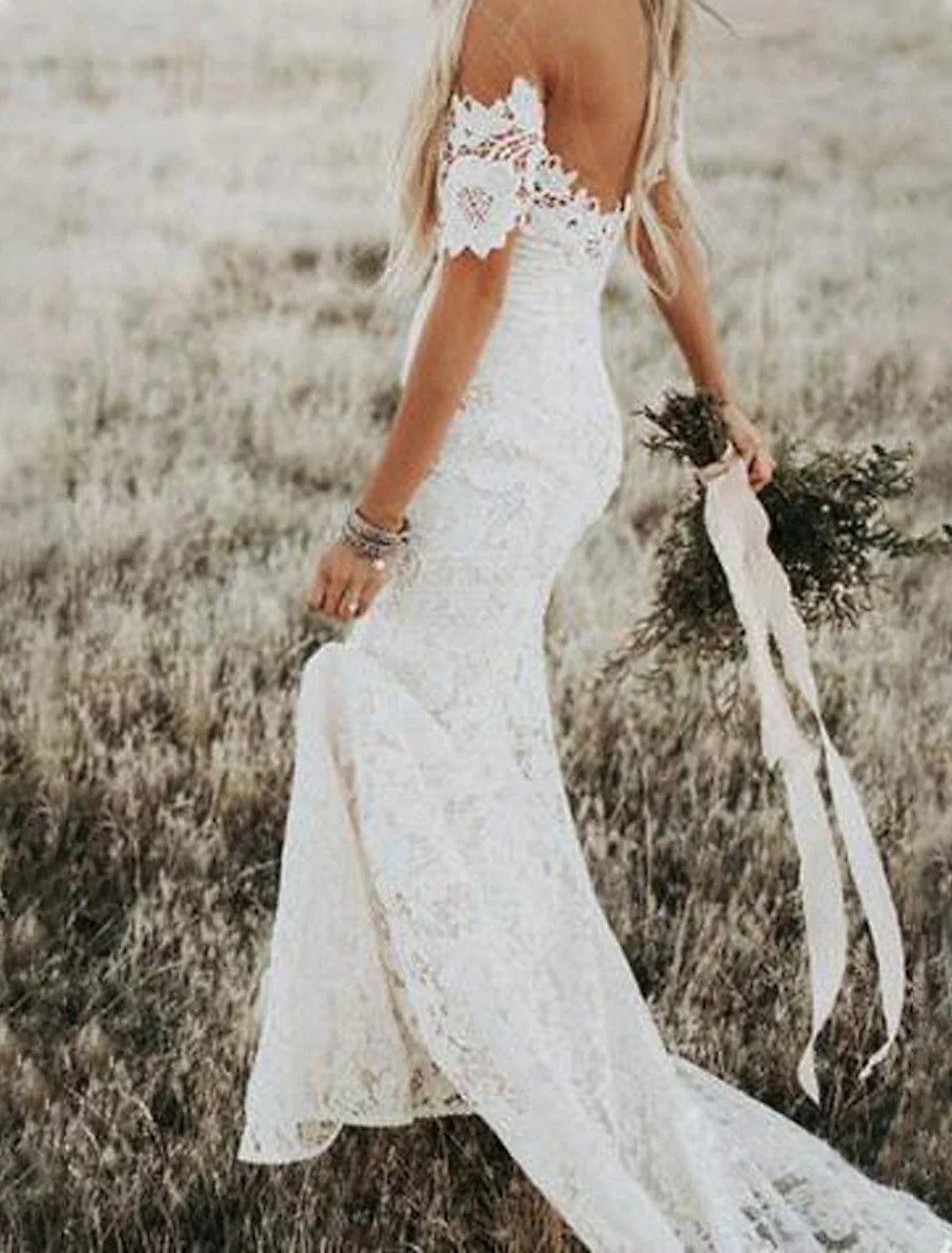 Mermaid Off-Shoulder Lace Cap Sleeve Train Wedding Gown - Chloe Dress