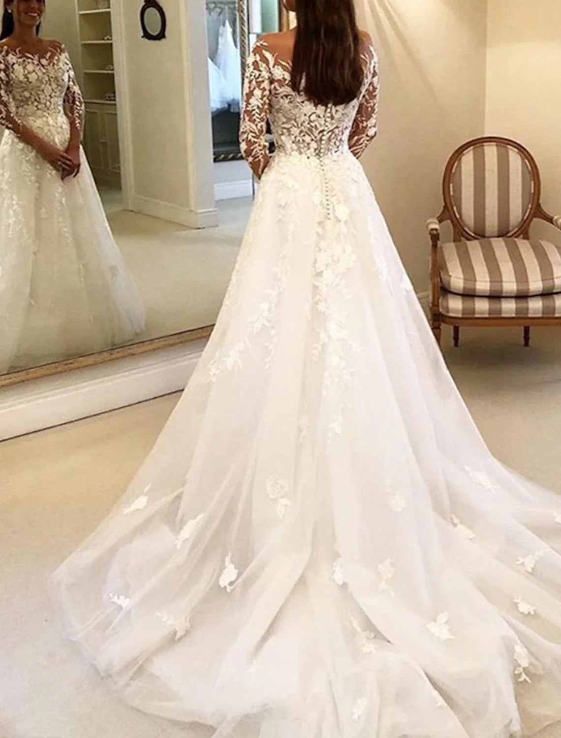 Ball Gown Off-Shoulder Lace Long Sleeve Button Back Train Wedding Gown - Chloe Dress