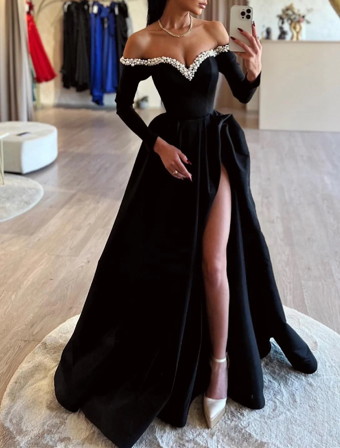 Black A-Line Off-Shoulder Satin Long Sleeve High Slit Evening Gown - Chloe Dress