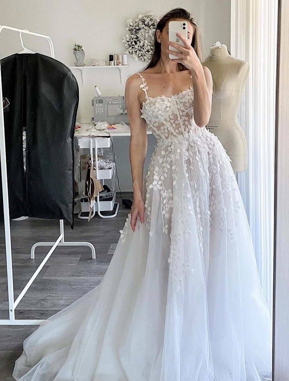 A-Line Square Neck Chiffon Sleeveless Train Wedding Gown - Chloe Dress
