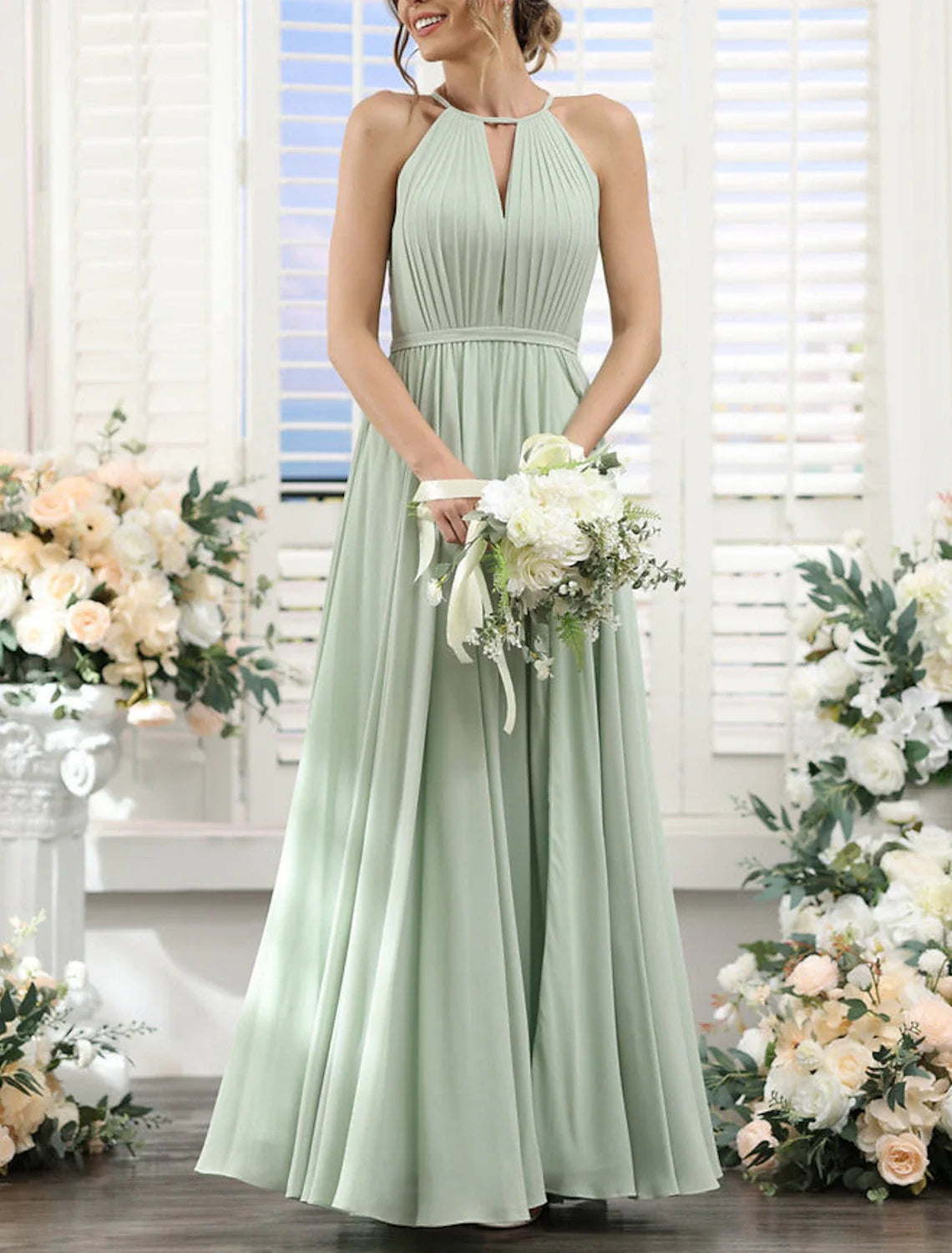 A-Line Halter Chiffon Short Sleeve Floor-Length Wedding Dress - Chloe Dress