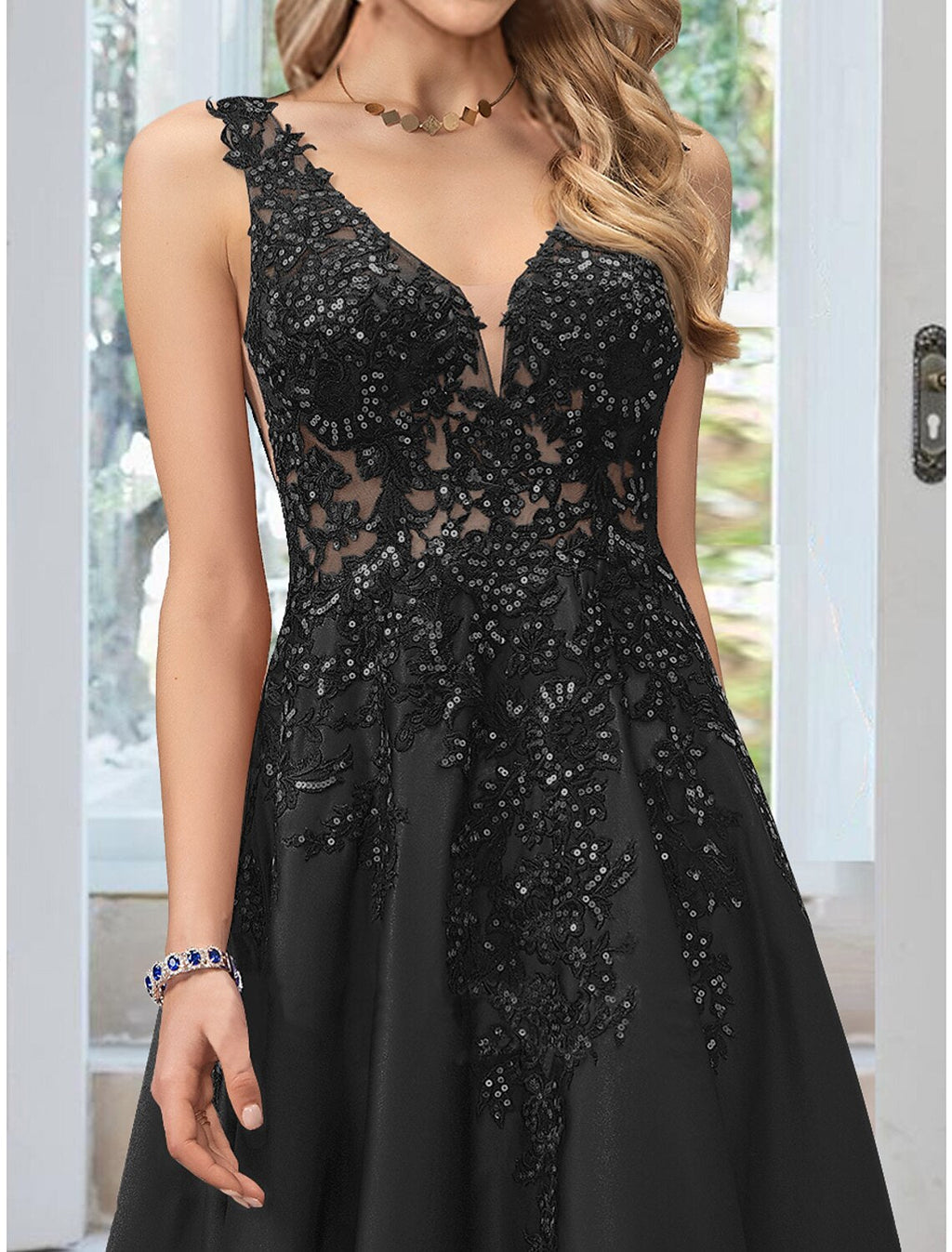 Black A-Line V-Neck Lace Sleeveless Applique Floor-Length Evening Gown - Chloe Dress