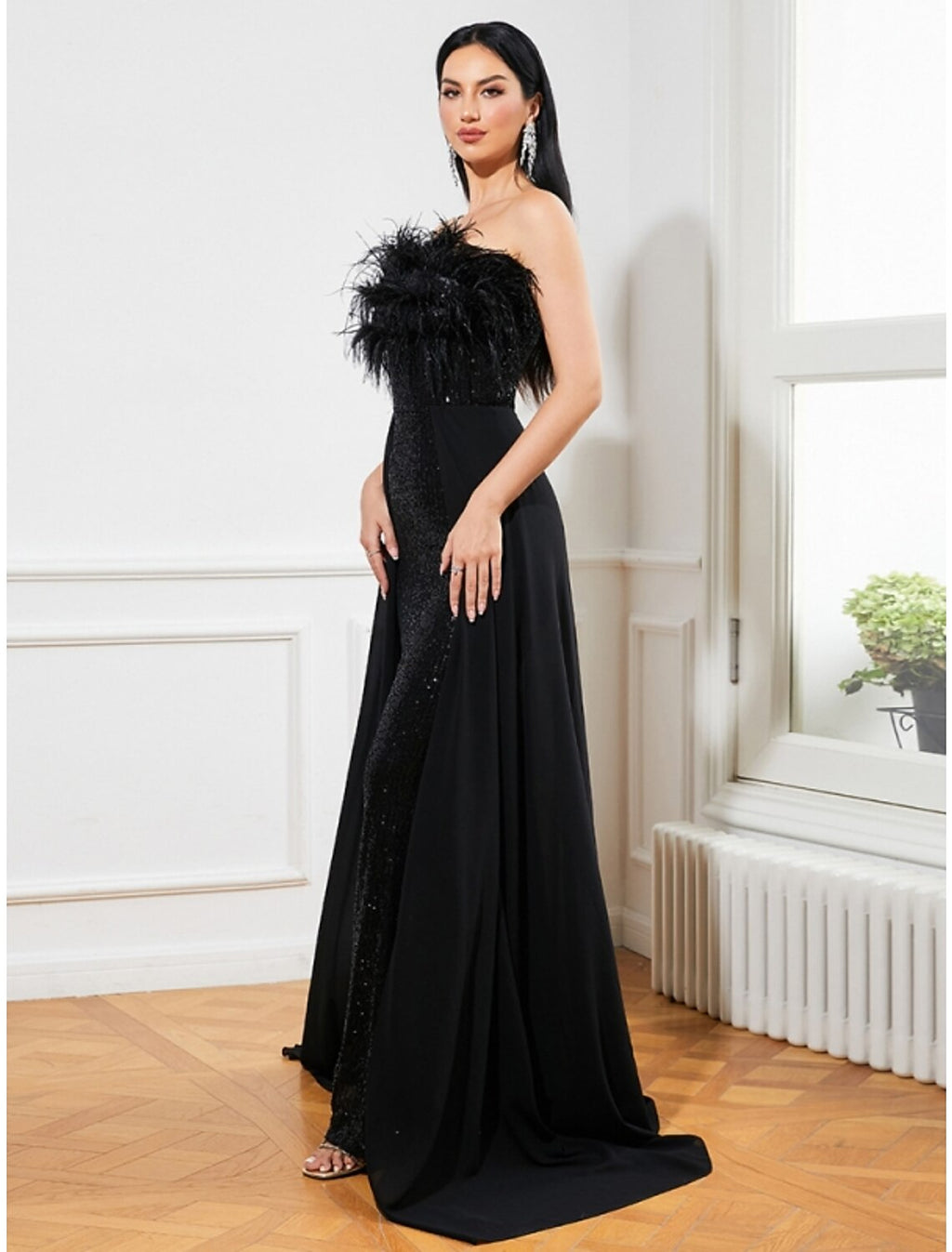 Black A-Line Strapless Sequin Sleeveless Train Evening Gown - Chloe Dress
