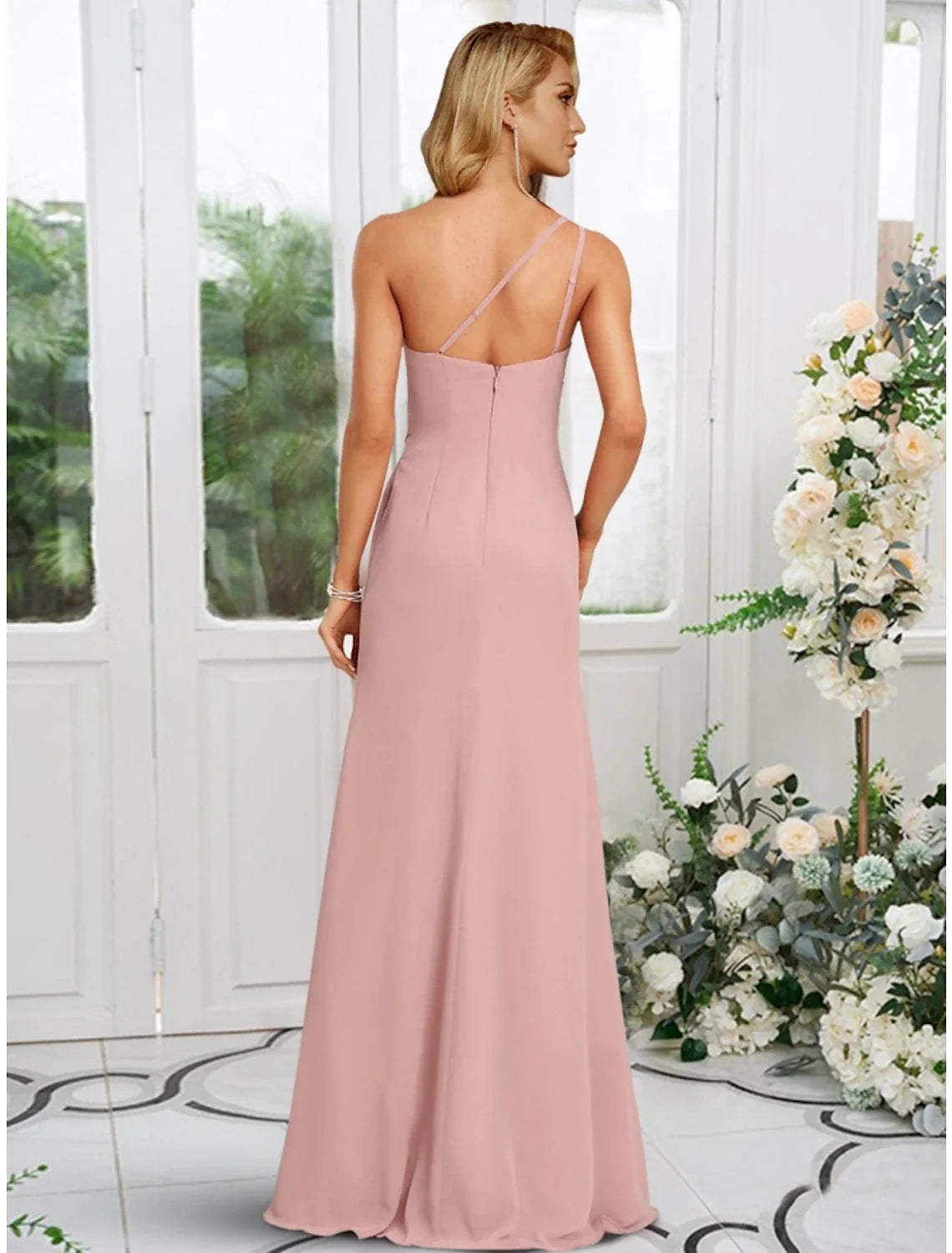 A-Line One-Shoulder Chiffon Sleeveless Floor-Length Wedding Dress - Chloe Dress