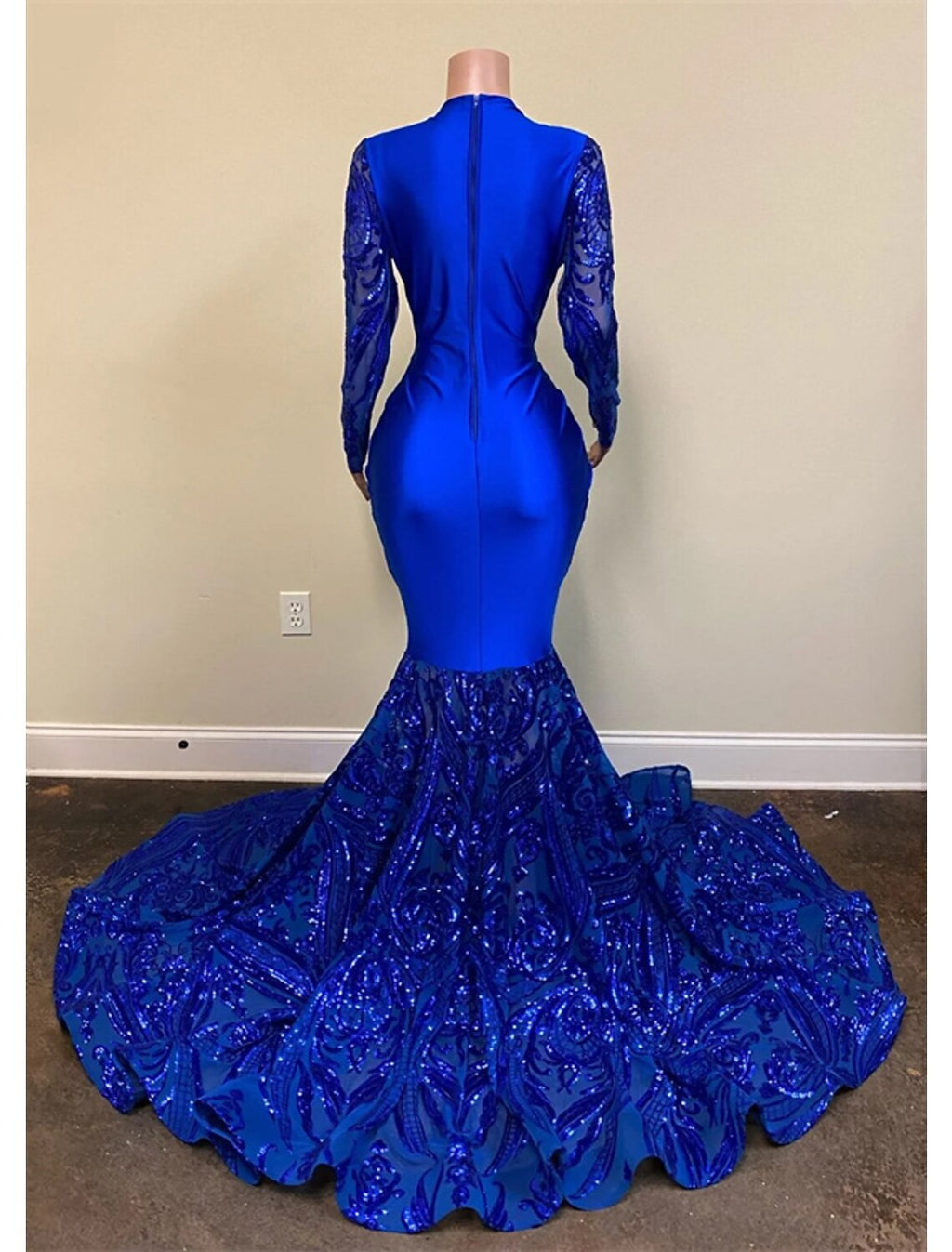 Mermaid V-Neck Sequin Long Sleeve Train Evening Gown - Chloe Dress