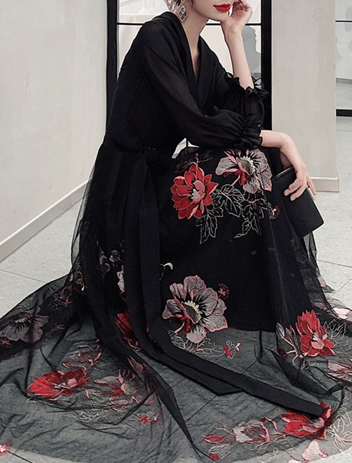 A-Line V-Neck Three-Quarter Sleeve Floor-Length Evening Dress - Chloe Dress