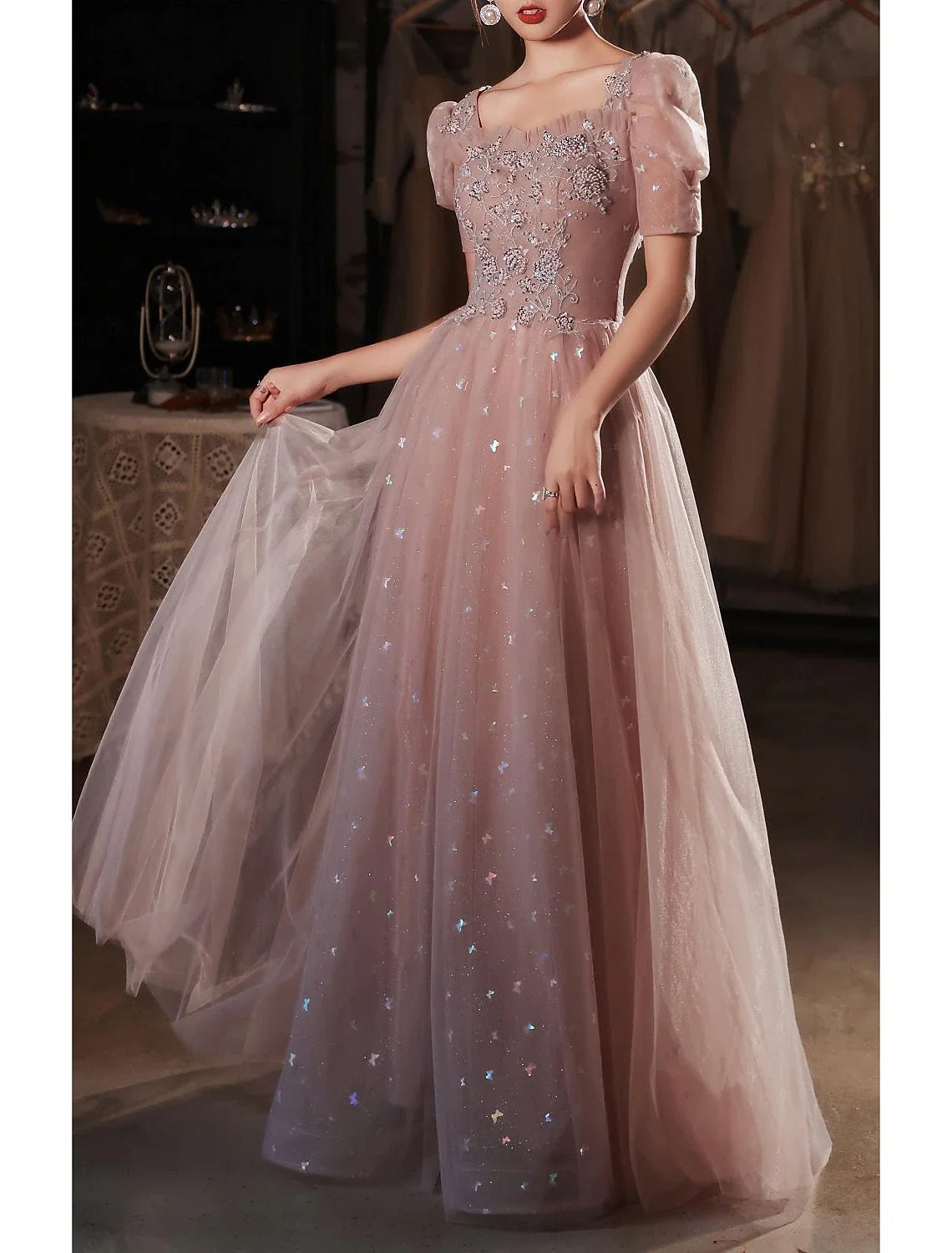 A-Line Sweetheart Satin Short Sleeve Applique Floor-Length Prom Dress - Chloe Dress