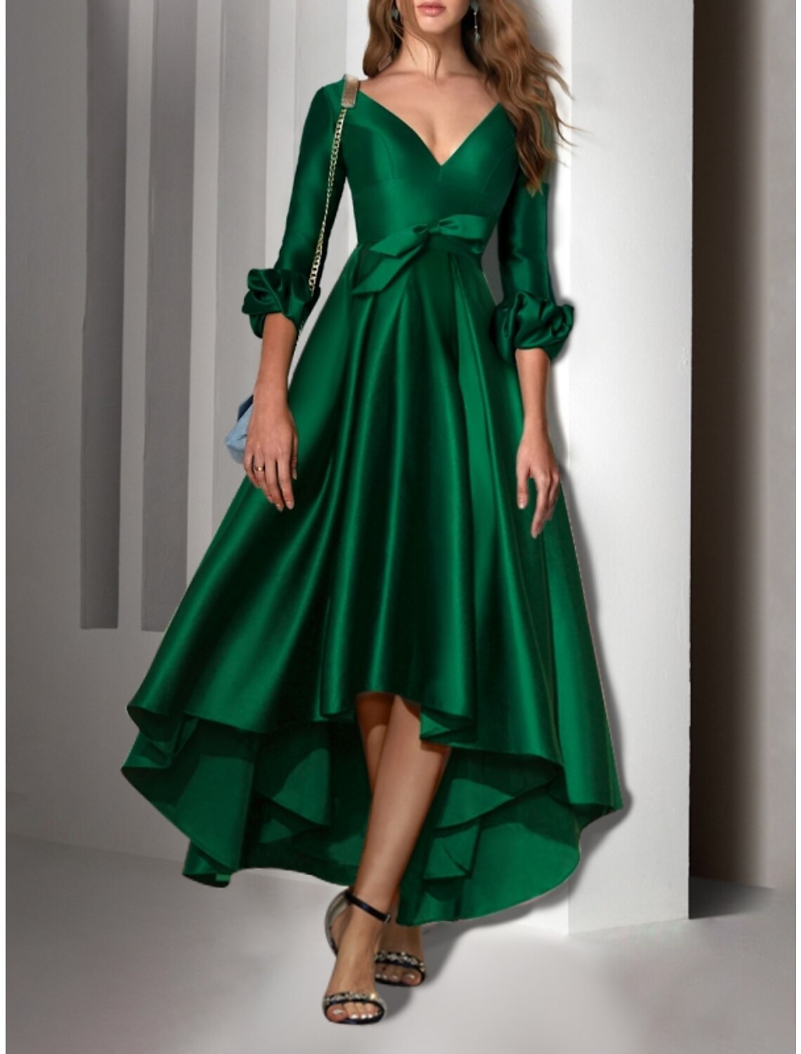 A-Line V-Neck Satin Three-Quarter Sleeve Pleated Wedding Dress - Chloe Dress