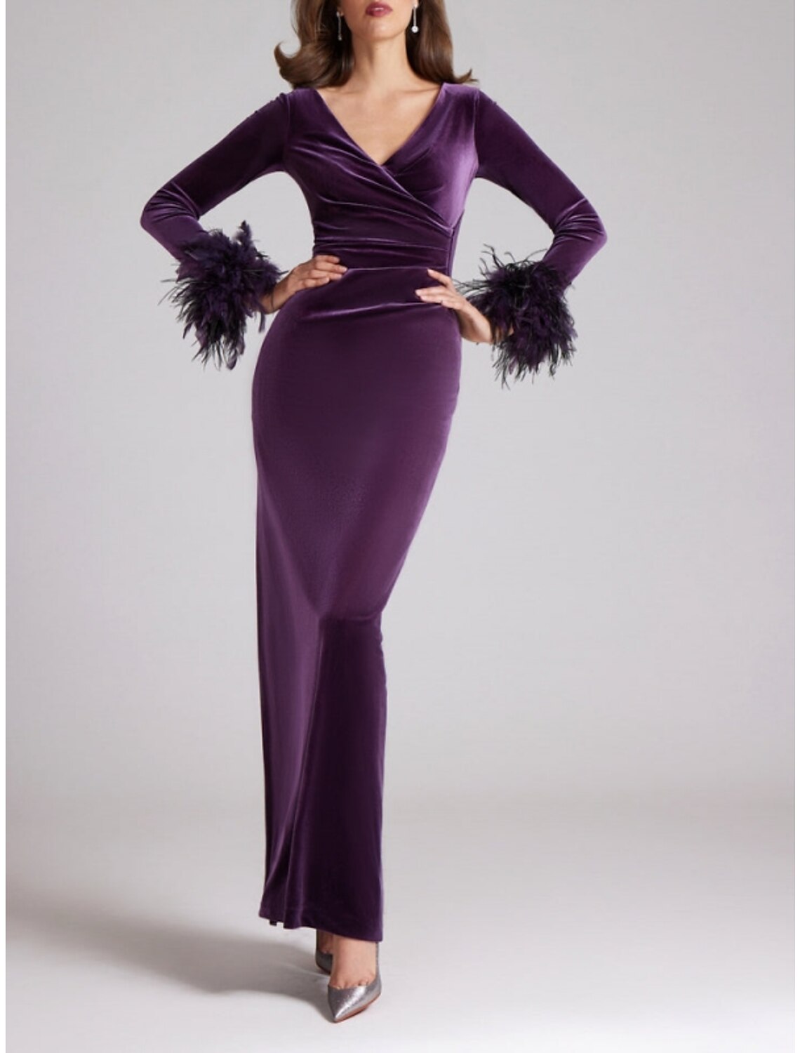 Sheath V-Neck Velvet Long Sleeve High Slit Ankle-Length Evening Gown - Chloe Dress