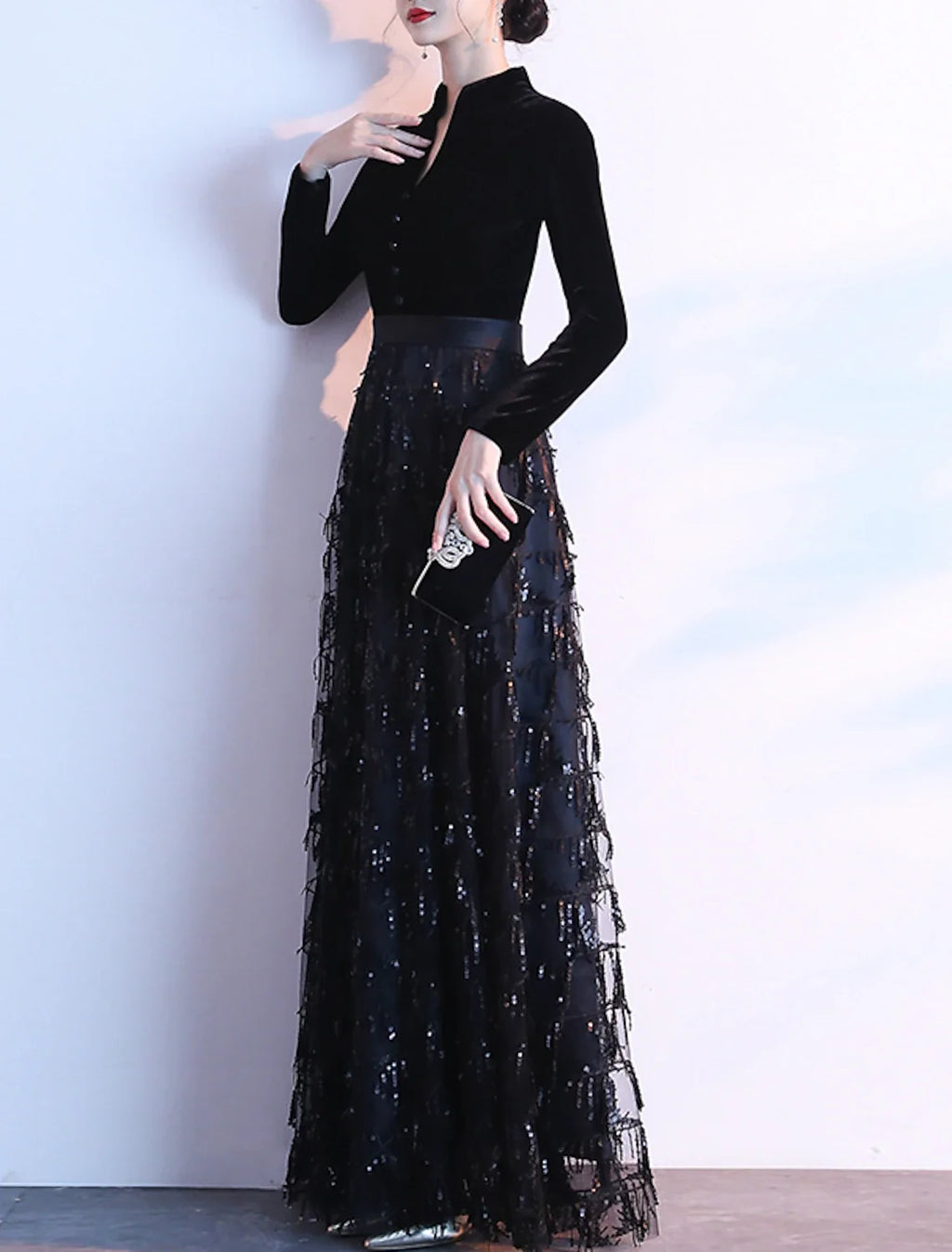 A-Line Sequin Long Sleeve Floor-Length Evening Dress - Chloe Dress