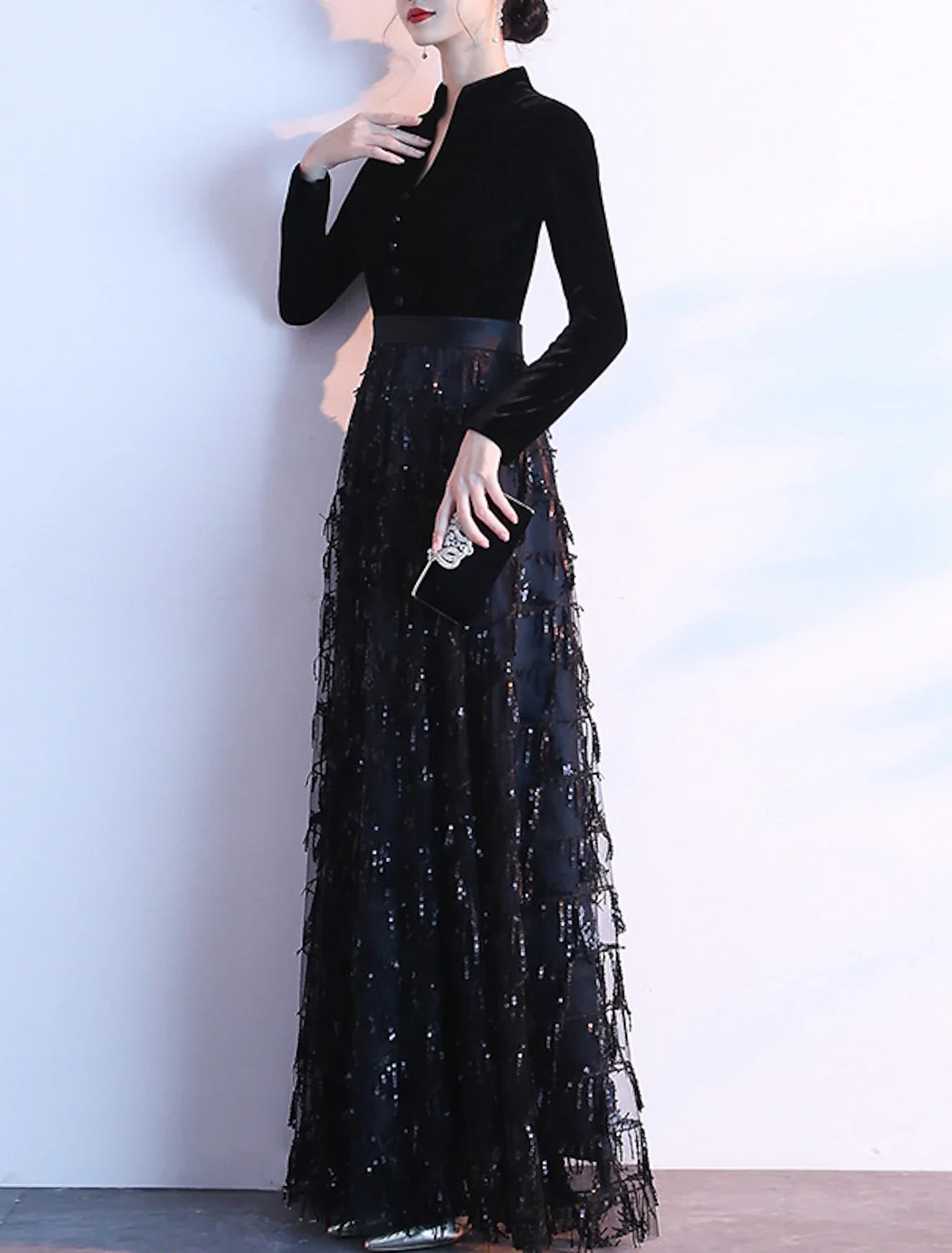 A-Line Sequin Long Sleeve Floor-Length Evening Dress - Chloe Dress