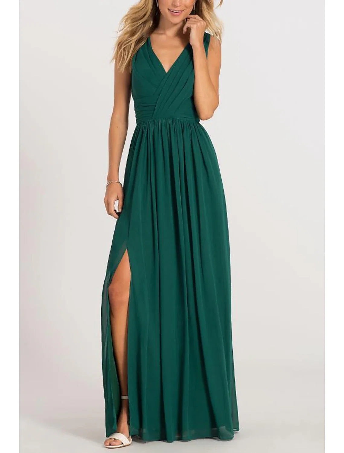 A-Line V-Neck Chiffon Sleeveless Pleated Floor-Length Evening Dress - Chloe Dress