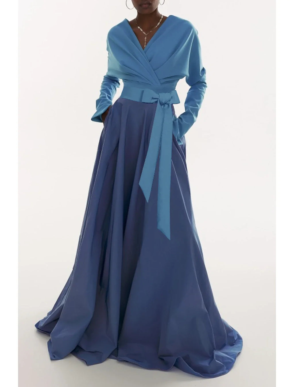 A-Line V-Neck Long Sleeve Pleated Evening Gown - Chloe Dress