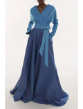 A-Line V-Neck Long Sleeve Pleated Evening Gown - Chloe Dress