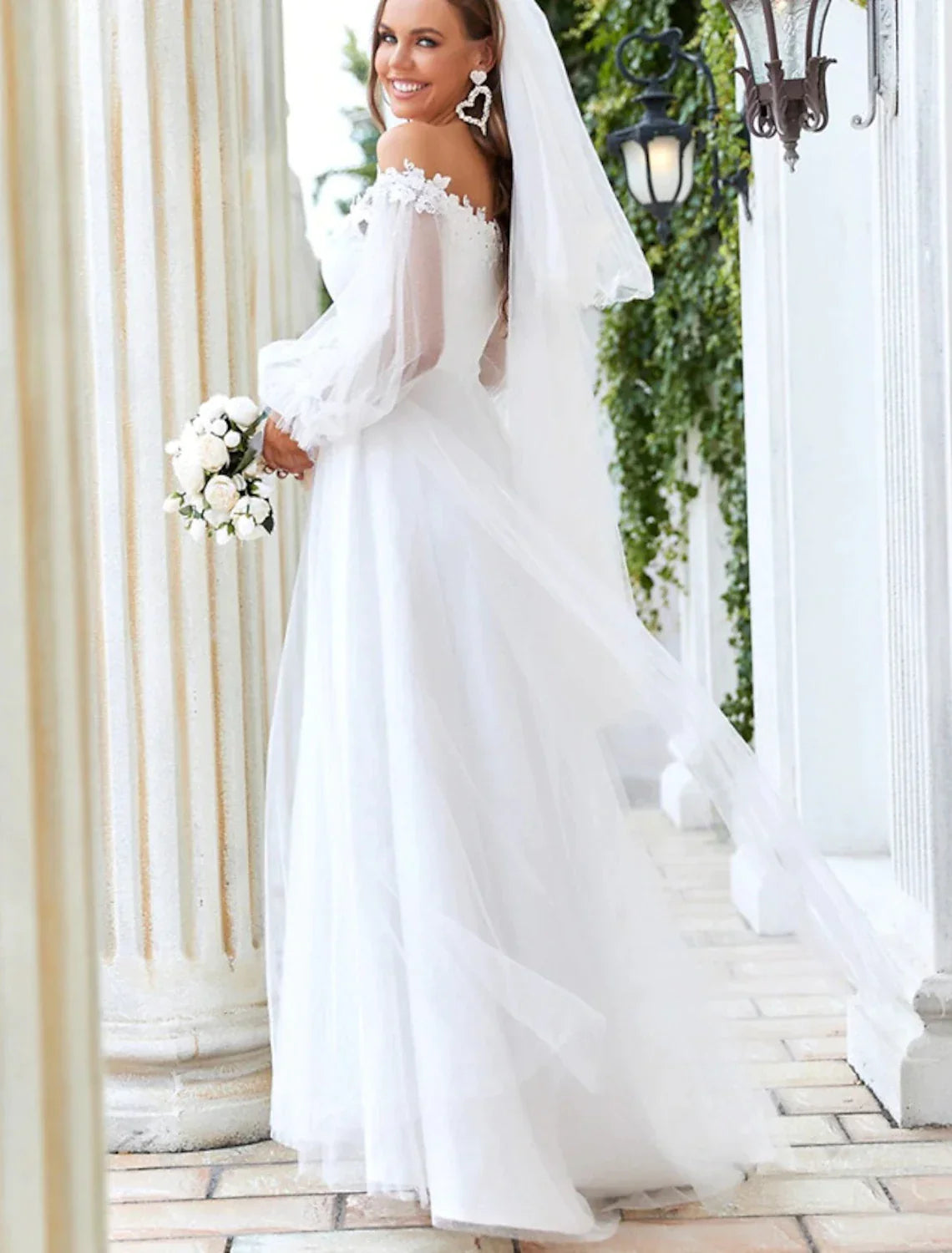 A-Line Off-Shoulder Tulle Long Sleeve Applique Floor-Length Wedding Gown - Chloe Dress