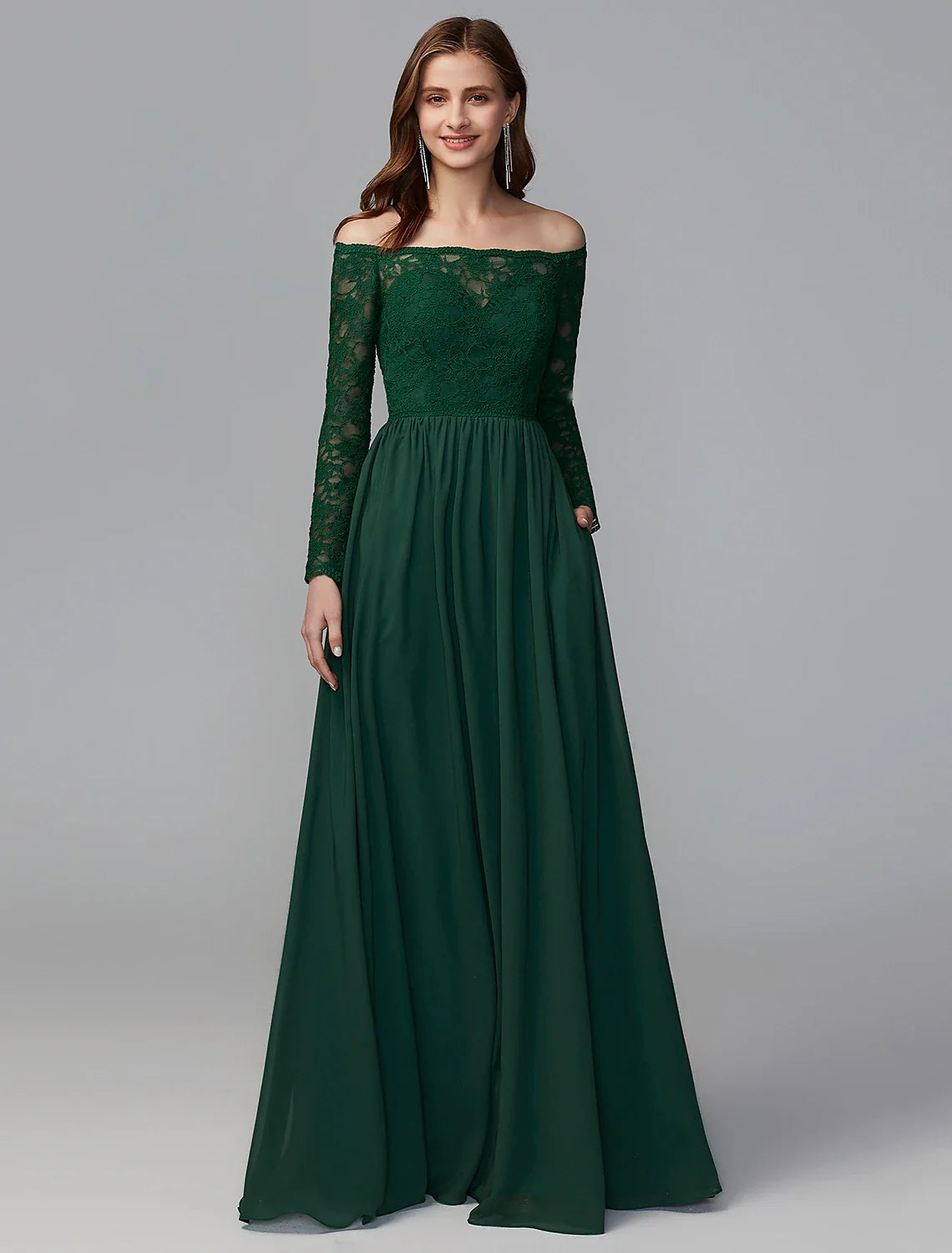 A-Line Off-Shoulder Chiffon Long Sleeve Floor-Length Wedding Dress - Chloe Dress