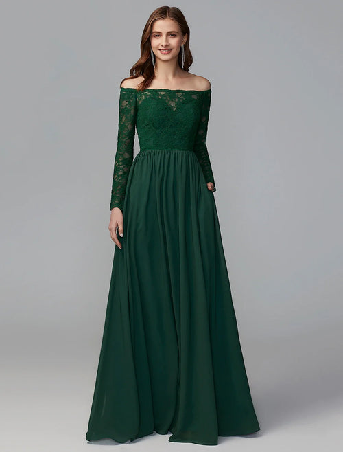 A-Line Off-Shoulder Chiffon Long Sleeve Floor-Length Wedding Dress - Chloe Dress