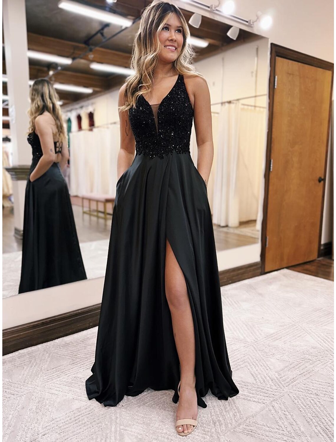 A-Line V-Neck Satin Sleeveless Backless Applique Floor-Length Evening Gown - Chloe Dress
