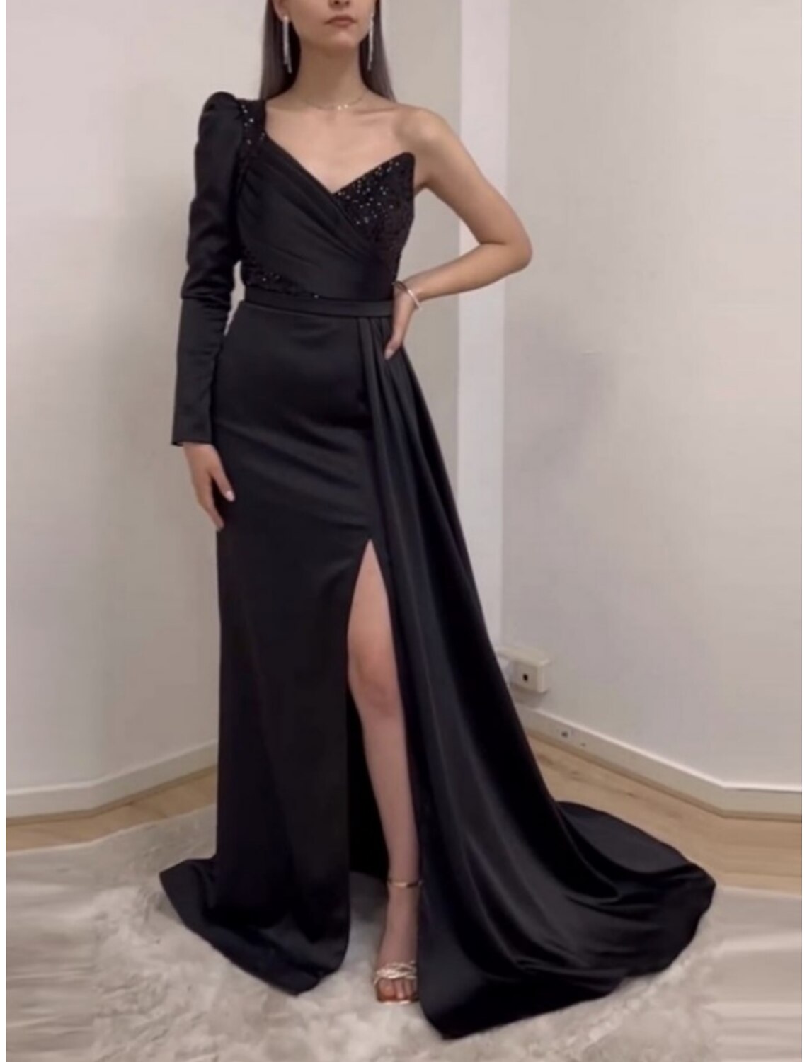 Black A-Line One-Shoulder Satin Long Sleeve Pleated Evening Gown - Chloe Dress
