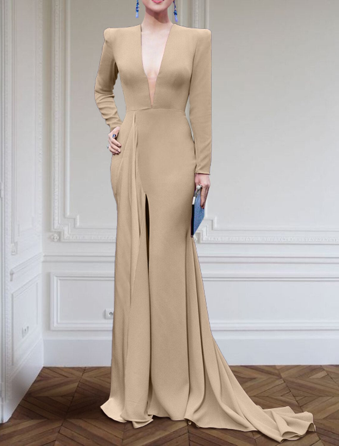 Champagne A-Line V-Neck Long Sleeve High Slit Evening Gown - Chloe Dress
