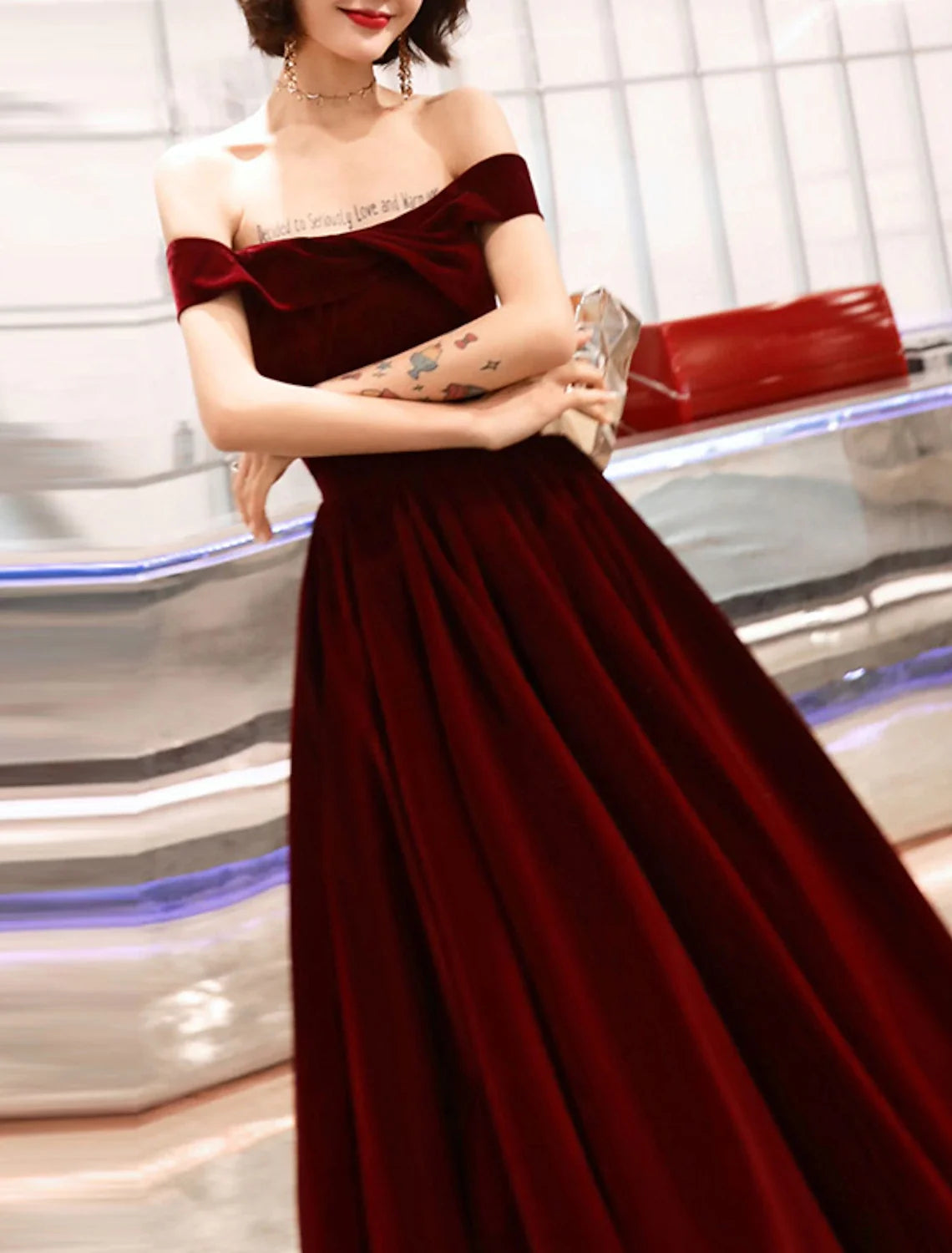 A-Line Off-Shoulder Velvet Short Sleeve Mini Evening Gown - Chloe Dress