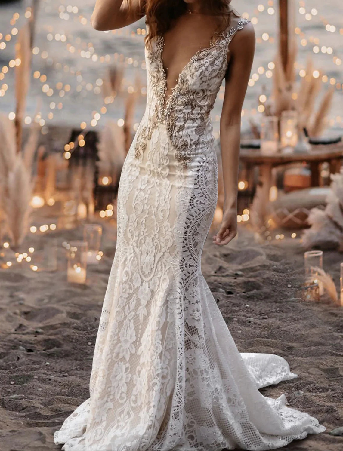 Mermaid V-Neck Lace Sleeveless Open Back Train Wedding Gown - Chloe Dress