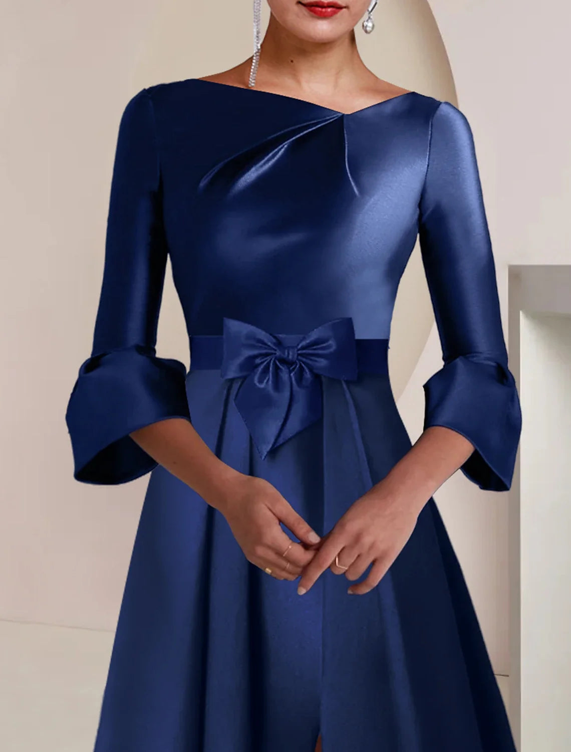 A-Line Satin Three-Quarter Sleeve Tea-Length Wedding Dress - Chloe Dress