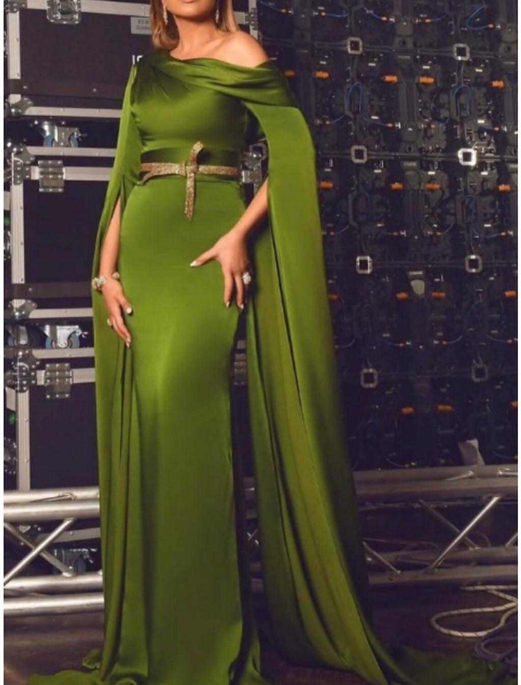 A-Line Off-Shoulder Satin Long Sleeve Pleated Evening Gown - Chloe Dress