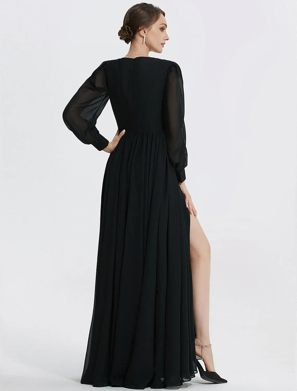 A-Line V-Neck Chiffon Long Sleeve High Slit Floor-Length Evening Gown - Chloe Dress