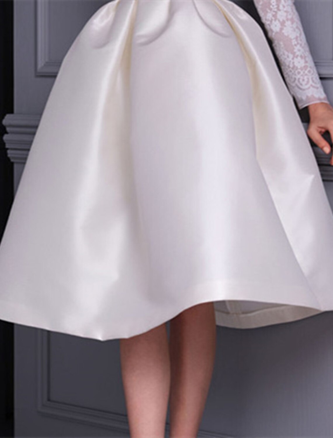 A-Line Satin Long Sleeve Applique Knee-Length Wedding Dress - Chloe Dress