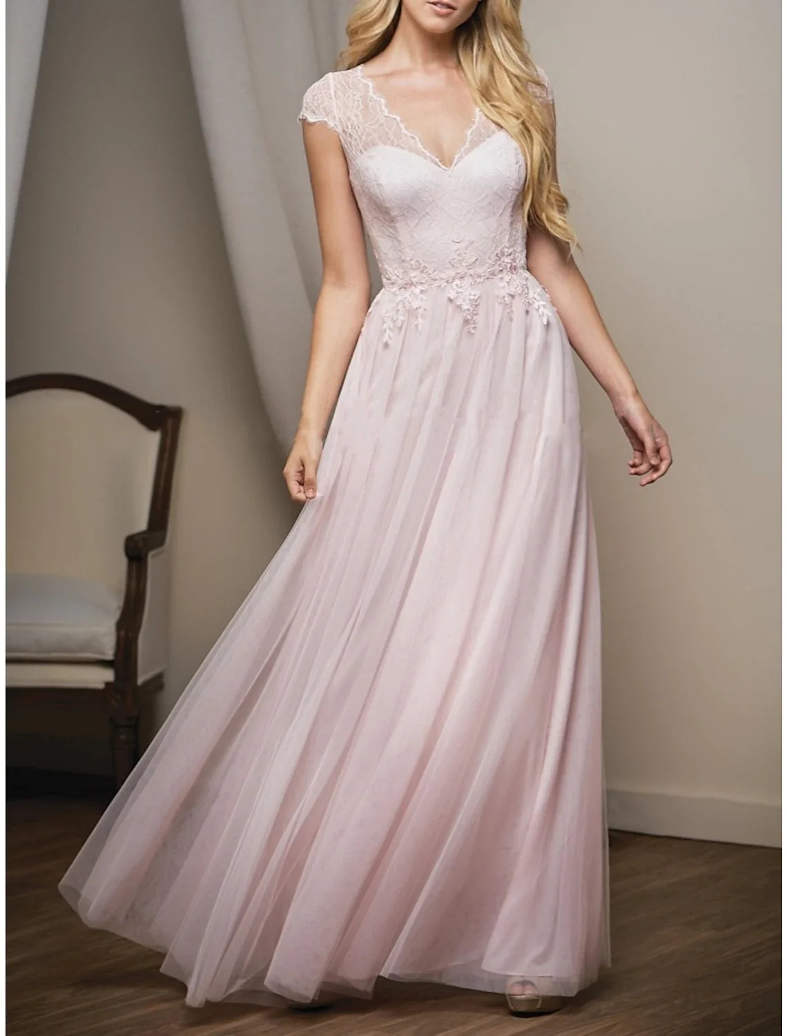 A-Line V-Neck Tulle Short Sleeve Floor-Length Wedding Dress - Chloe Dress