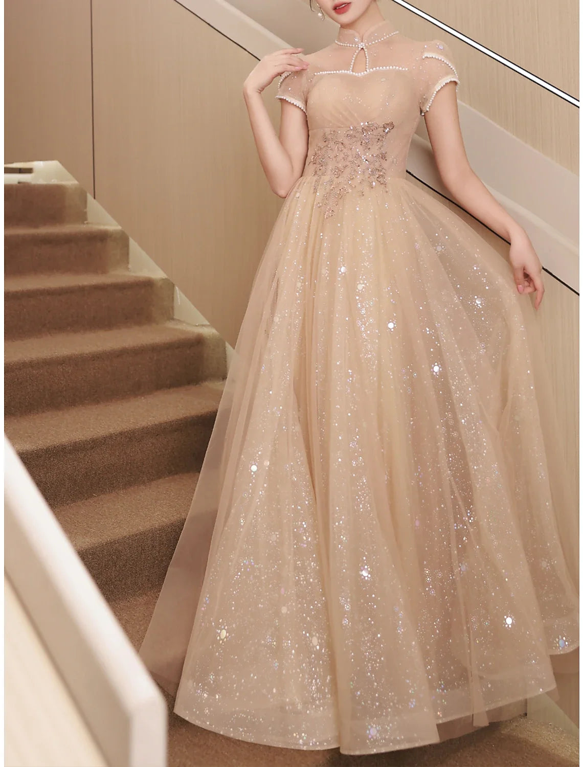 A-Line Satin Short Sleeve Button Back Floor-Length Evening Gown - Chloe Dress