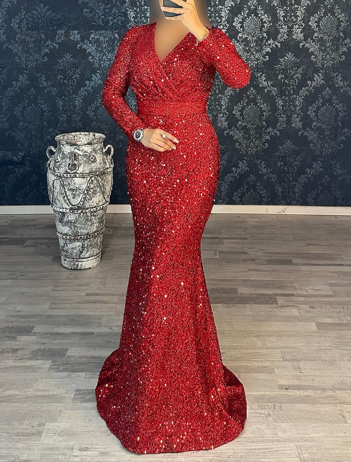 Black Mermaid V-Neck Sequin Long Sleeve Floor-Length Evening Gown - Chloe Dress