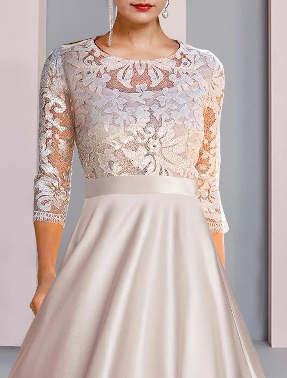 A-Line Satin Three-Quarter Sleeve Applique Tea-Length Wedding Dress - Chloe Dress
