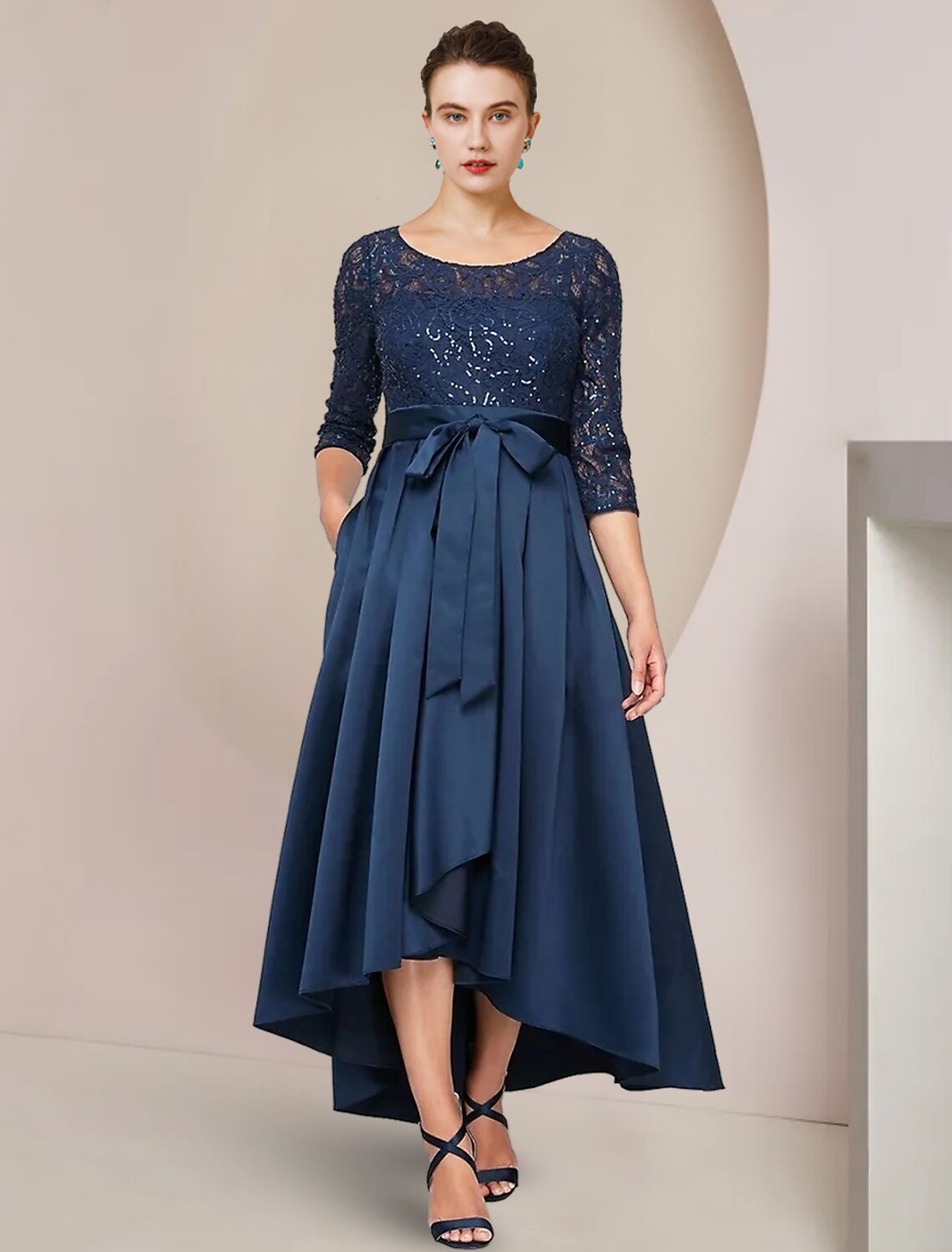A-Line High Neck Lace Three-Quarter Sleeve Pleated Tea-Length Wedding Dress - Chloe Dress