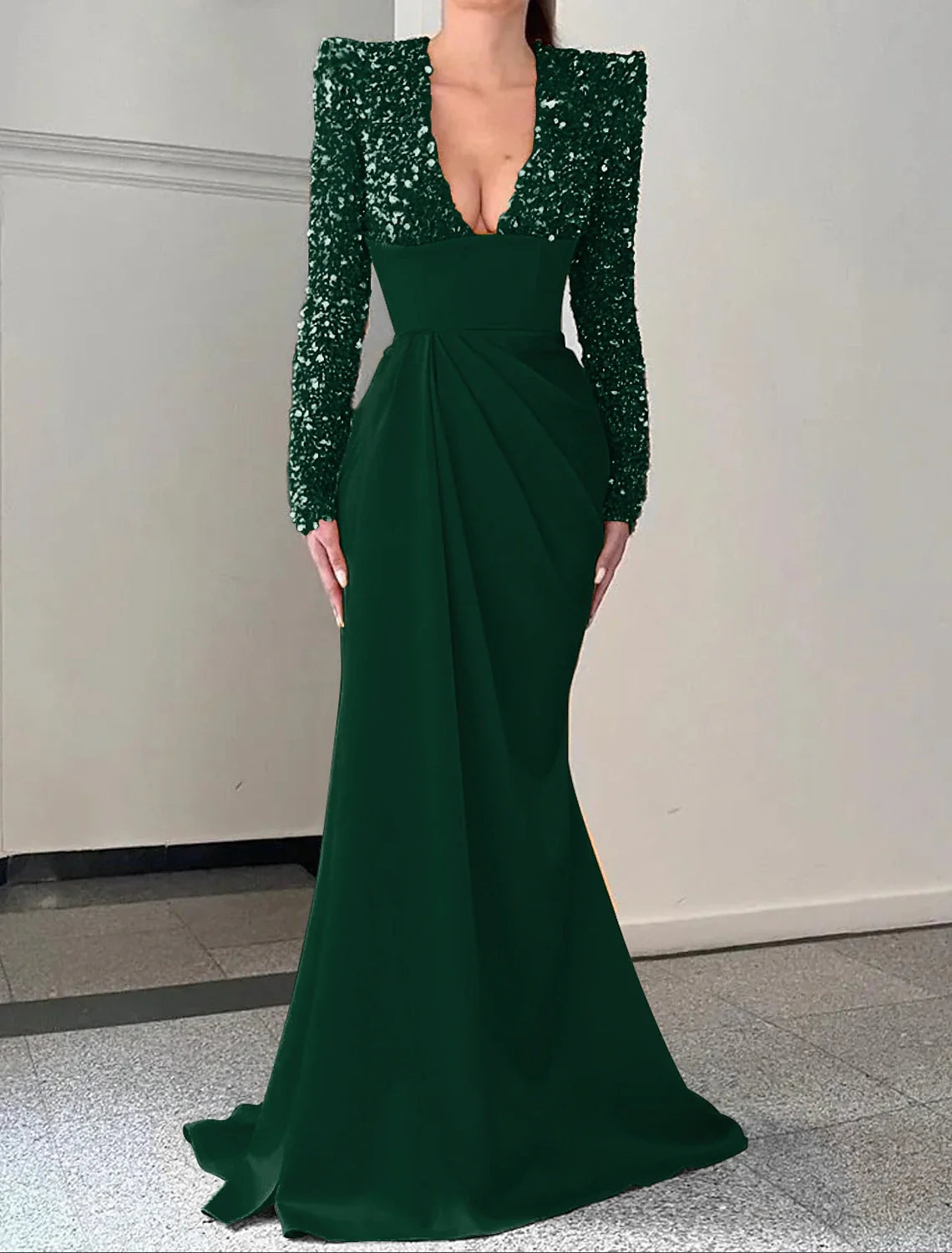 Champagne Mermaid V-Neck Satin Long Sleeve Pleated Evening Gown - Chloe Dress