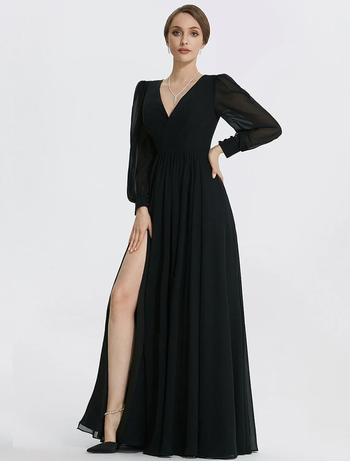 A-Line V-Neck Chiffon Long Sleeve High Slit Floor-Length Evening Gown - Chloe Dress