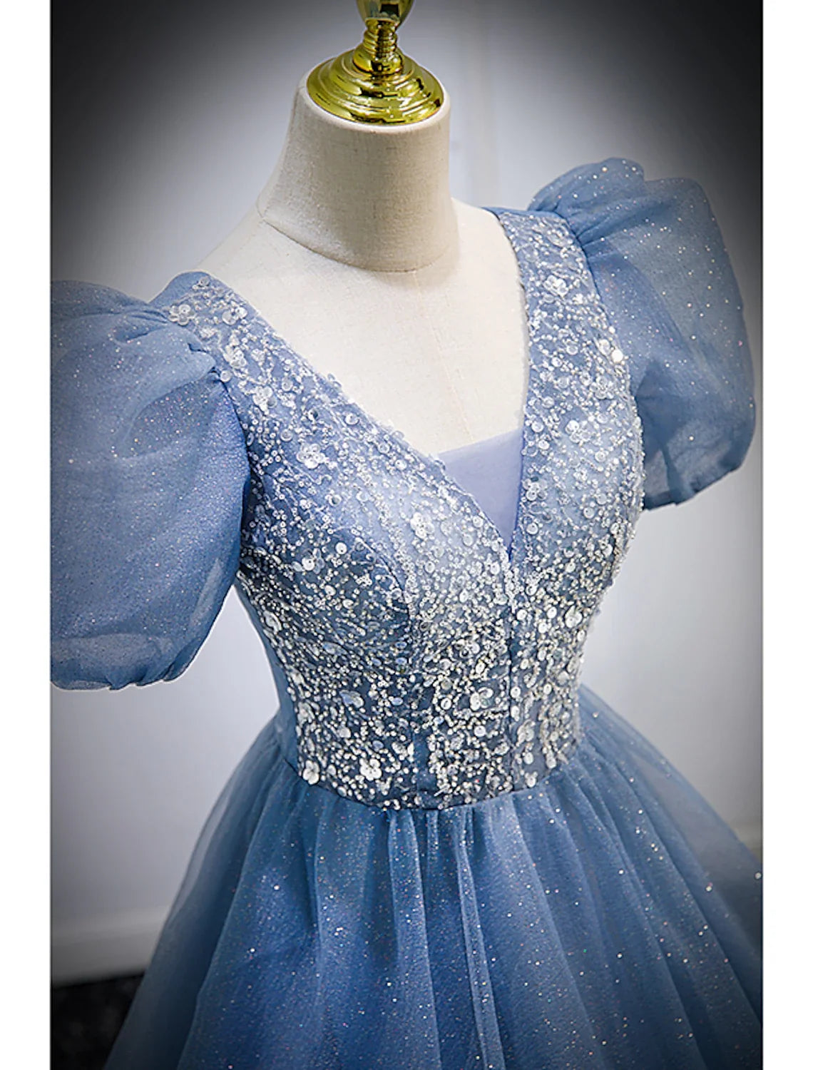 A-Line V-Neck Tulle Short Sleeve Floor-Length Prom Dress - Chloe Dress