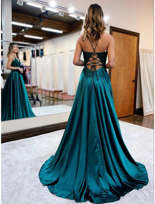 A-Line V-Neck Satin Sleeveless Backless Train Prom Dress - Chloe Dress