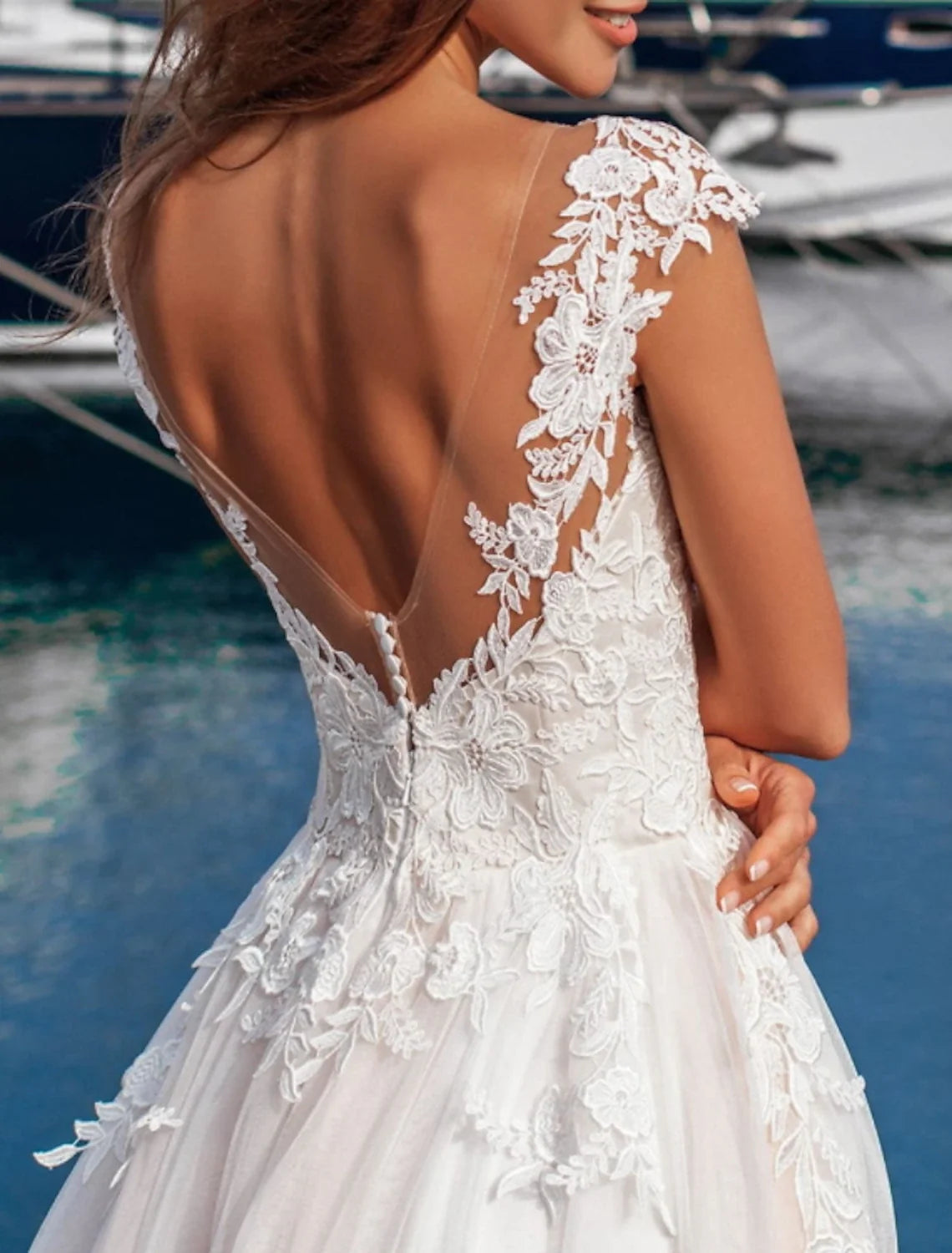 A-Line V-Neck Lace Cap Sleeve Applique Floor-Length Wedding Gown - Chloe Dress