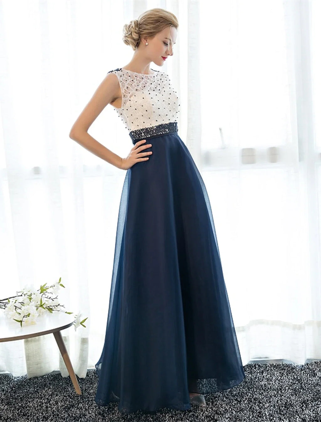 A-Line Illusion Tulle Sleeveless Beaded Floor-Length Evening Dress - Chloe Dress
