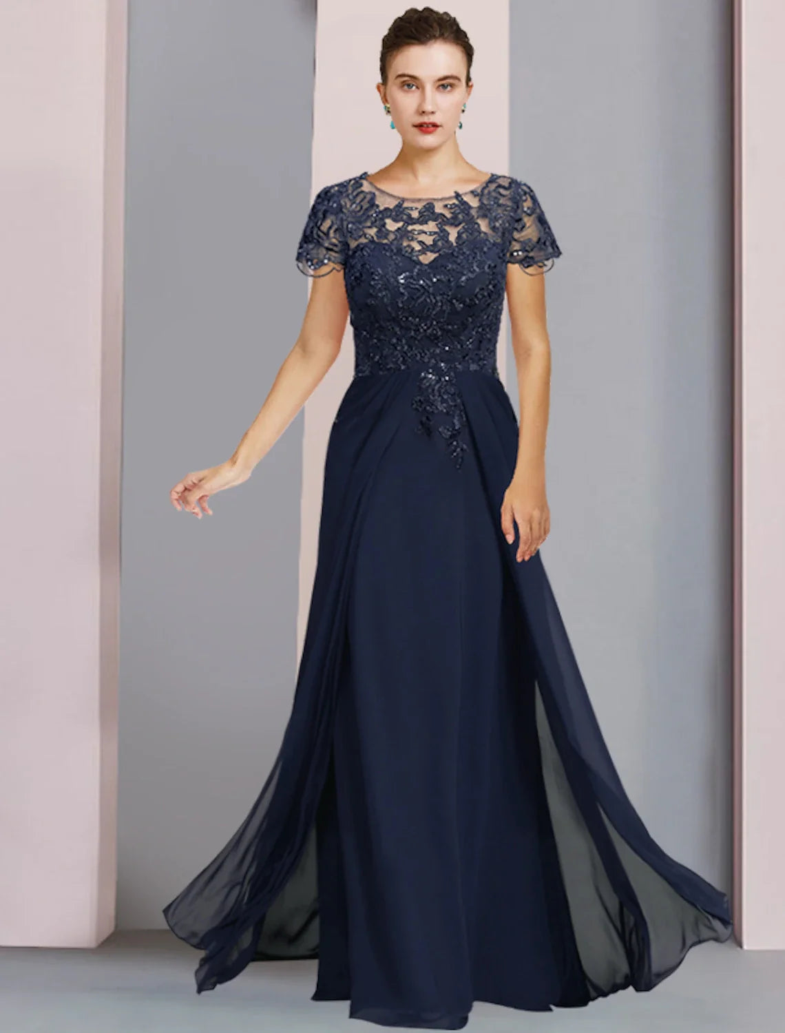 Sheath Chiffon Short Sleeve Applique Floor-Length Formal Dress - Chloe Dress